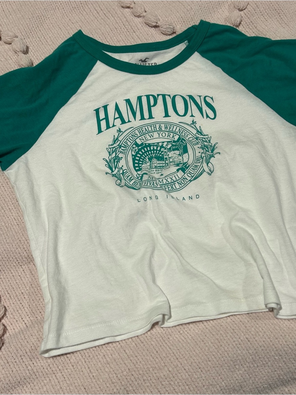 Hollister White Tee with Green Raglan Sleeves and Hamptons Graphic